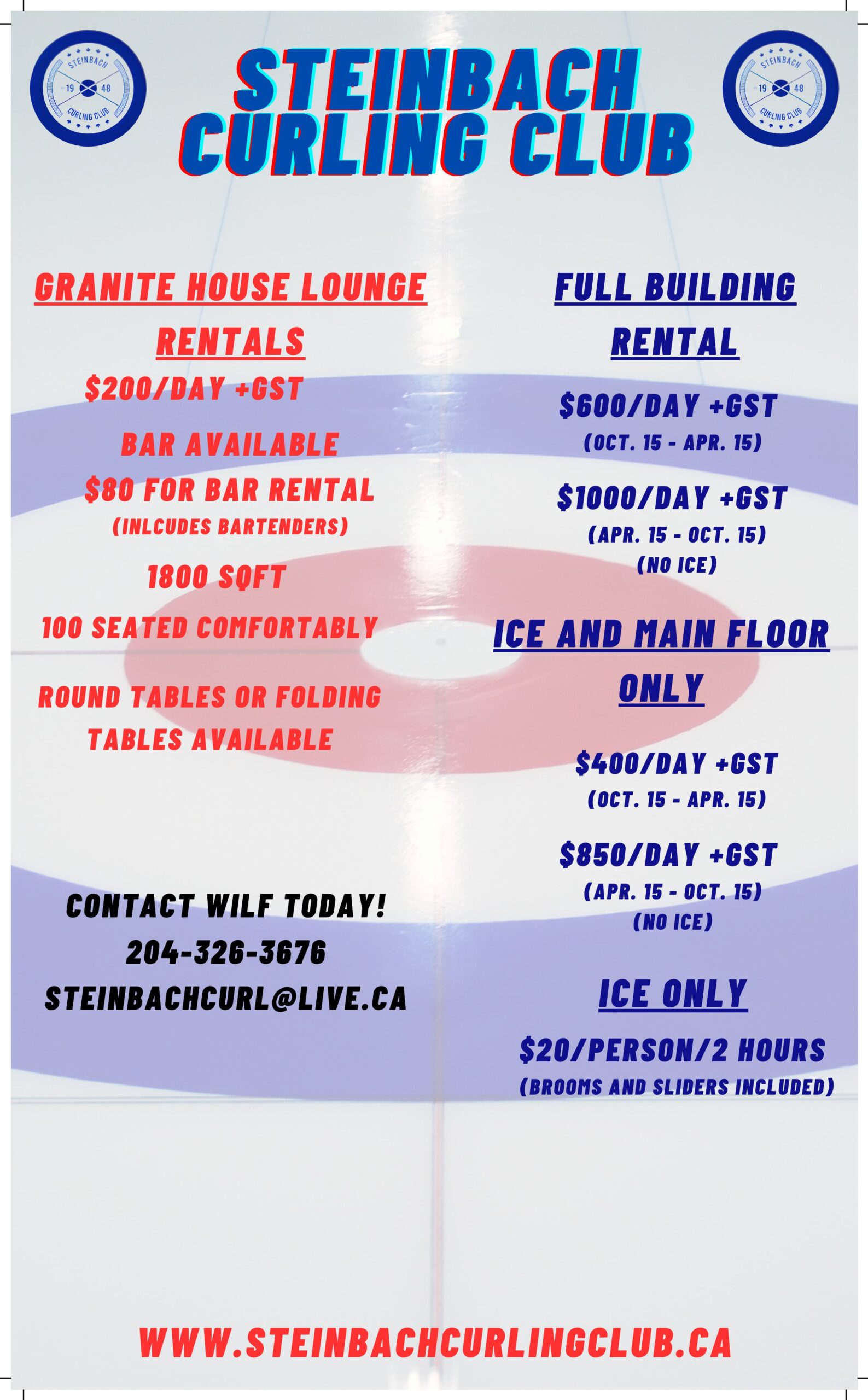 Options for renting at Steinbach Curling Club